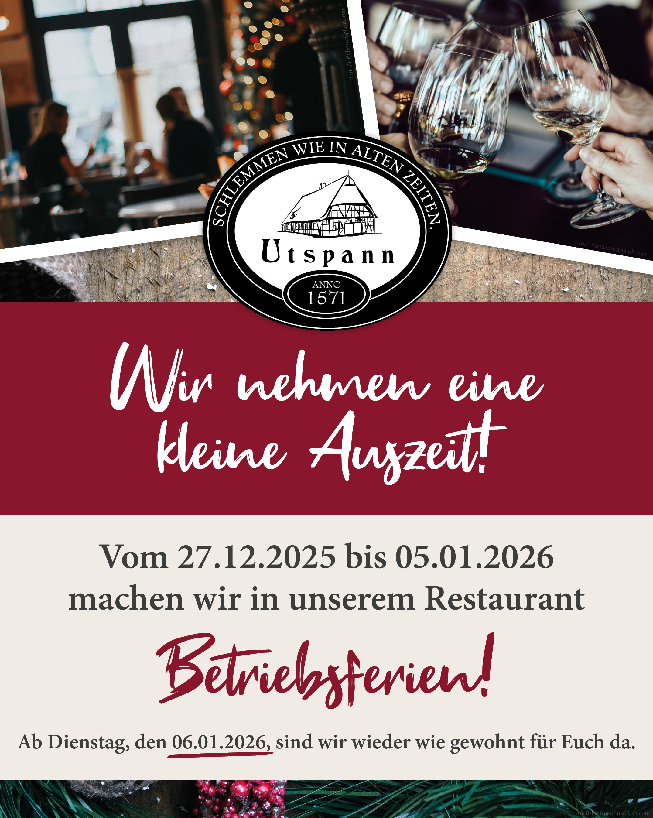 Betriebsferien Restaurant Utspann 27.12.2025 - 05.01.2026