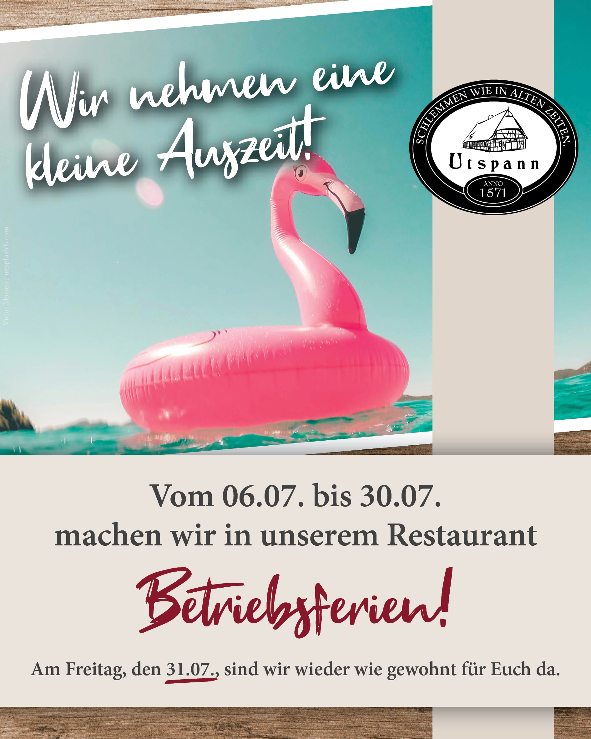 ACHTUNG: Das Restaurant Utspann ist vom 06.07.2026 bis 30.07.2026 im Betriebsurlaub